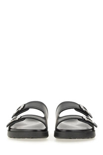 Ferragamo men’s black patent leather double strap sandals with two adjustable straps and silver buckle closures