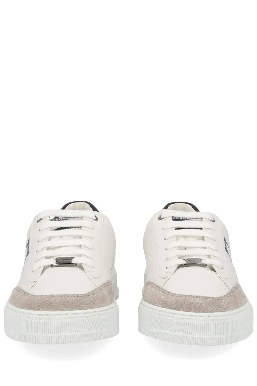 Ferragamo men’s gancini sneaker black in white leather with beige suede accents and chunky white rubber sole