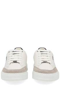 Ferragamo men’s gancini sneaker black in white leather with beige suede accents and chunky white rubber sole