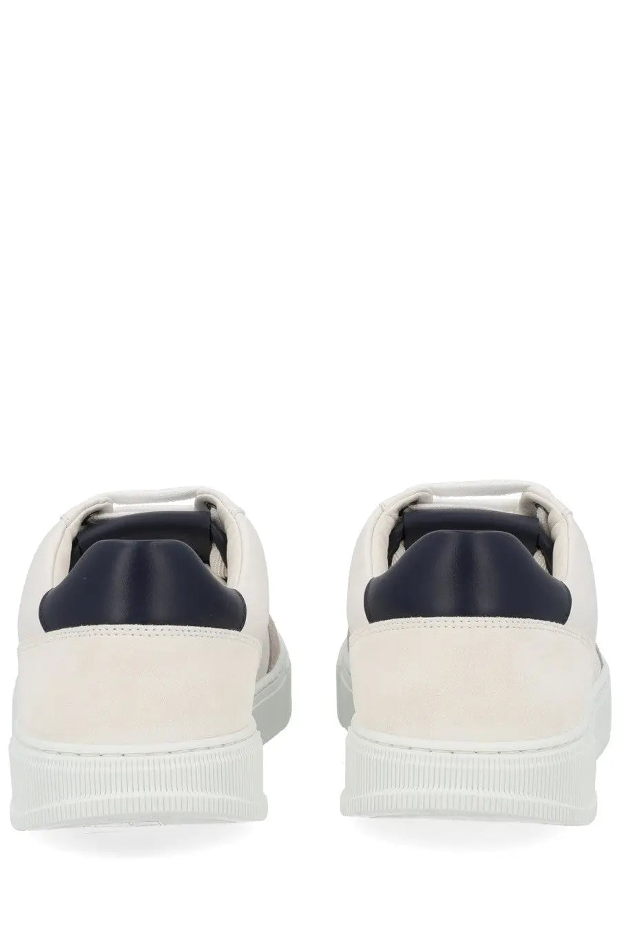 Ferragamo men’s gancini white leather sneakers with navy blue rubber heel tabs and chunky white sole back view