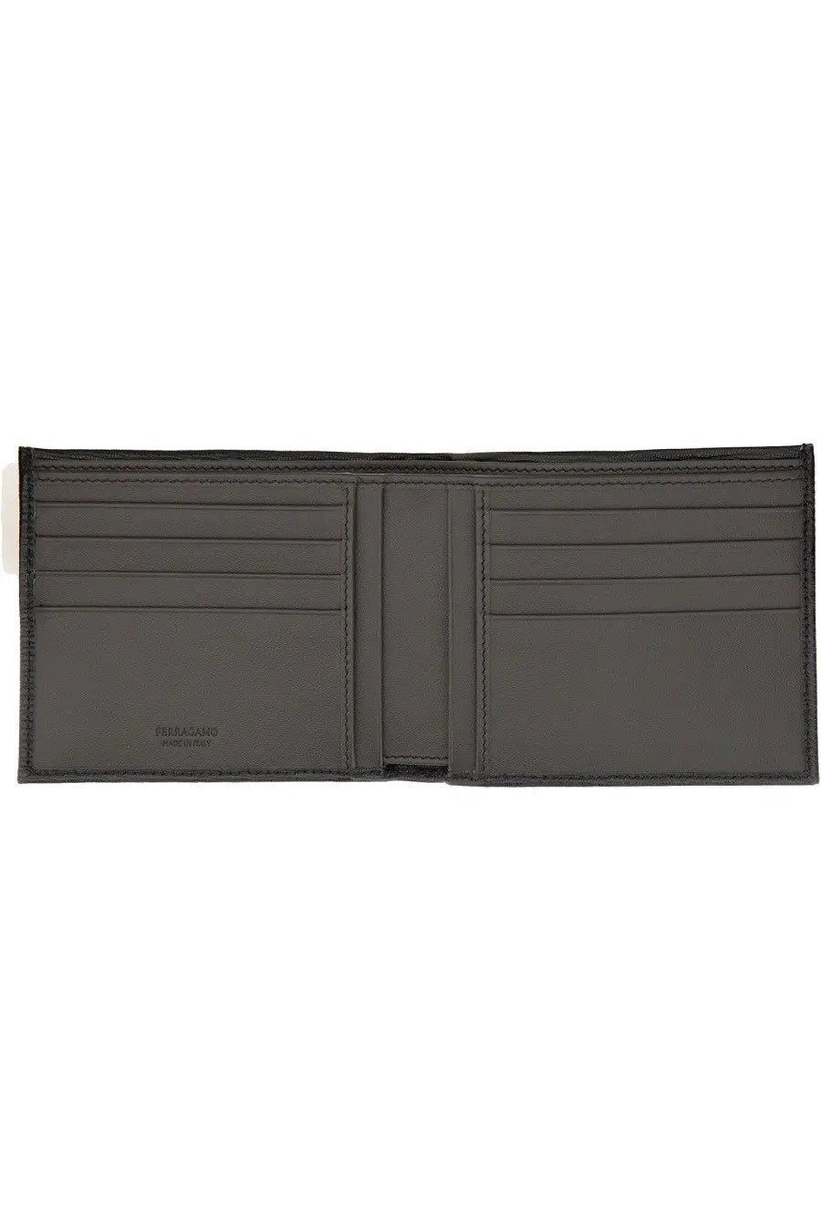 Ferragamo men’s gancini wallet black dark gray leather with multiple card slots and minimalist design