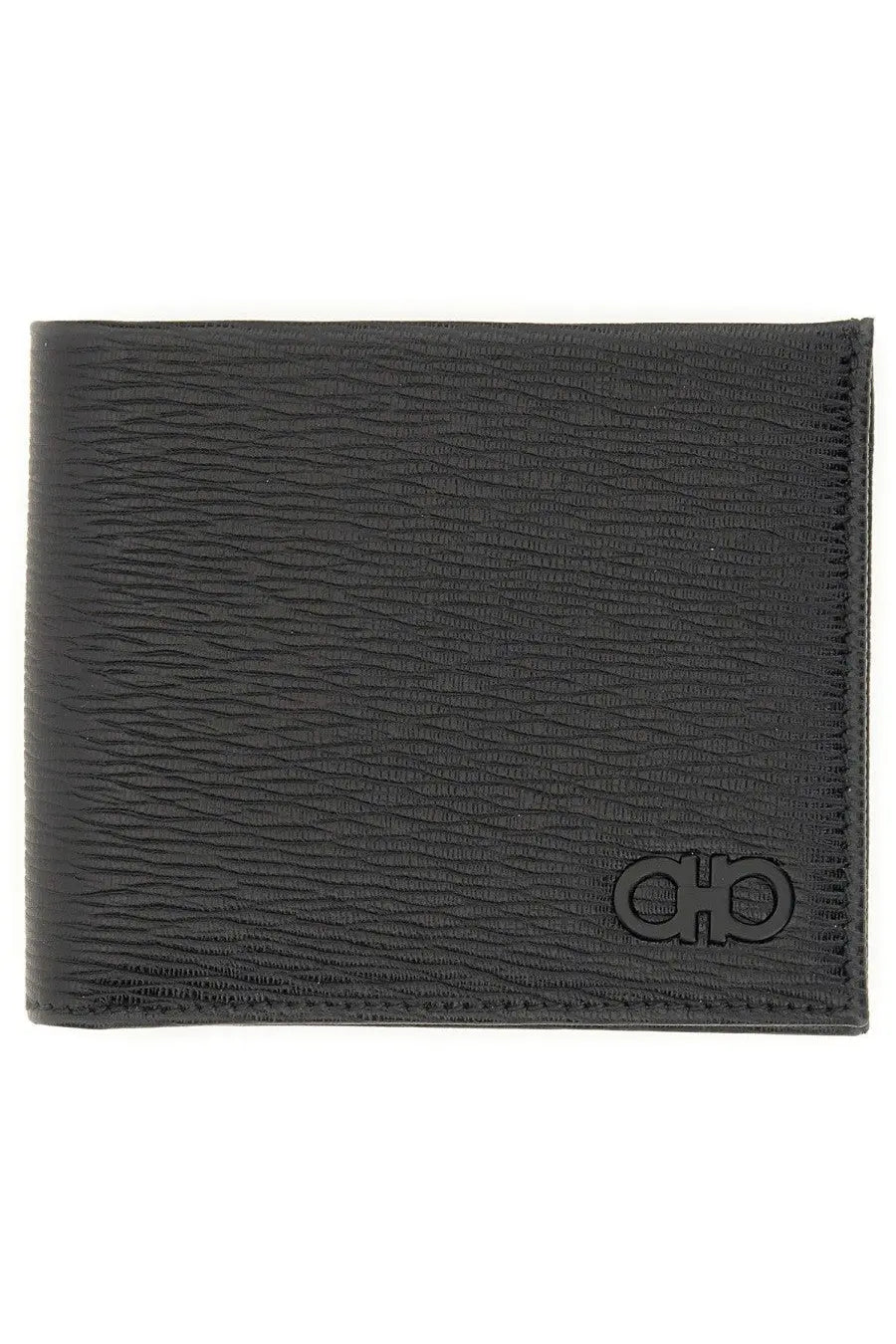 Black textured leather Ferragamo men’s Gancini wallet with embossed logo front view