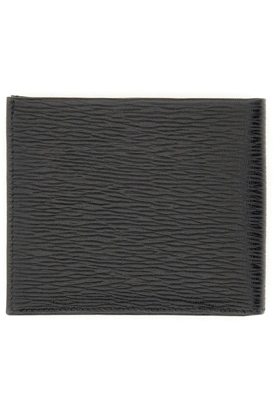 Ferragamo men’s Gancini wallet black with subtle wavy grain texture and precise edge stitching