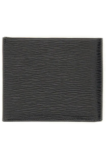 Ferragamo men’s gancini wallet black with textured leather wavy grain pattern and precise edge stitching