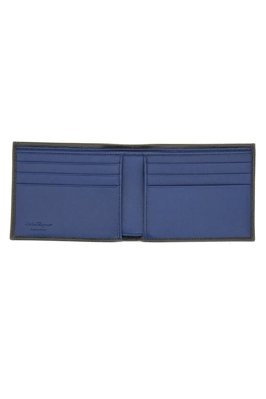 Ferragamo men’s hooks wallet black featuring blue leather with dark brown edges and multiple card slots