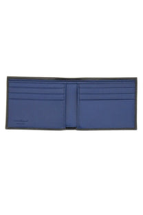 Ferragamo men’s hooks wallet black featuring blue leather with dark brown edges and multiple card slots