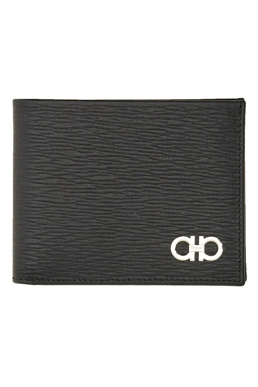 Ferragamo men’s hooks wallet black made of textured black leather with a silver-toned metal logo on the front