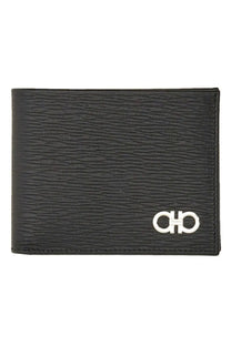 Ferragamo men’s hooks wallet black made of textured black leather with a silver-toned metal logo on the front
