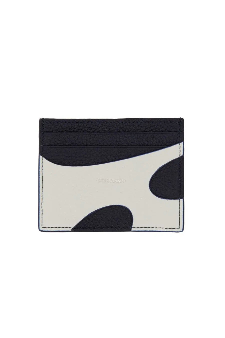 Ferragamo men’s leather card holder in black and off-white cow-print with stitched edges