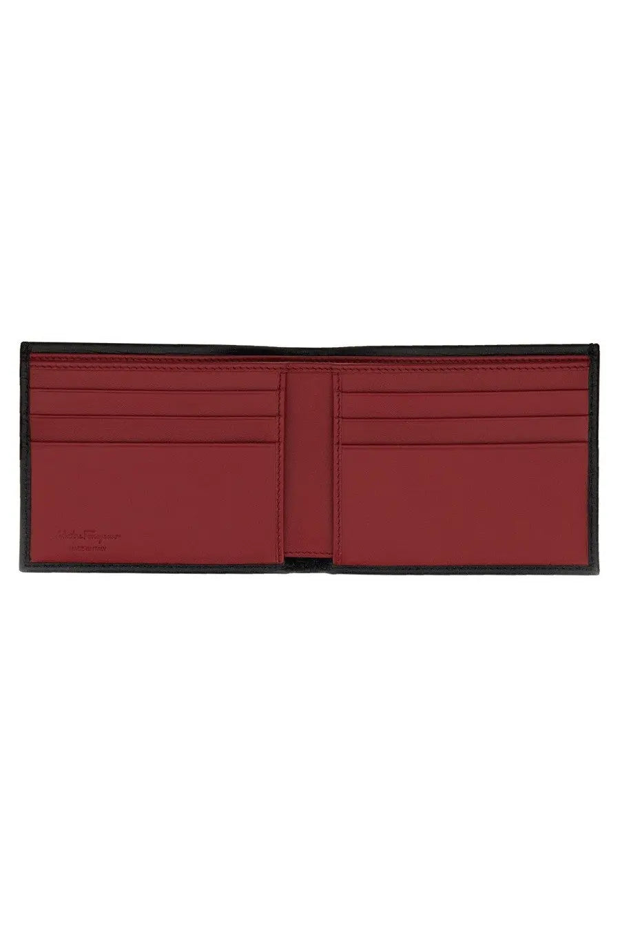 Ferragamo men’s leather wallet in red with black edges and multiple card slots for organized storage