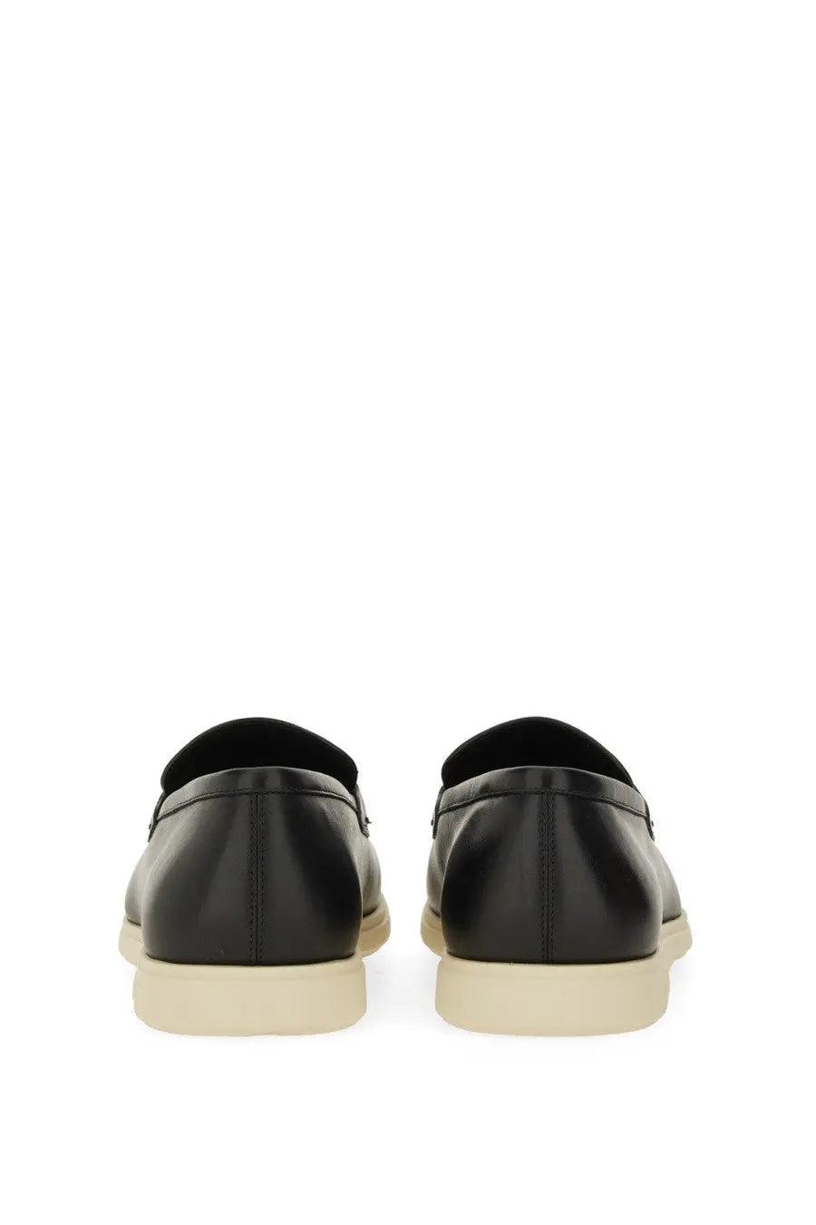 Ferragamo men’s moccasin gancini black leather loafers with cream-colored rubber sole for stylish comfort
