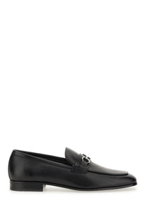 Ferragamo men’s moccasin gancini black leather loafers with polished finish and silver toned horsebit buckle