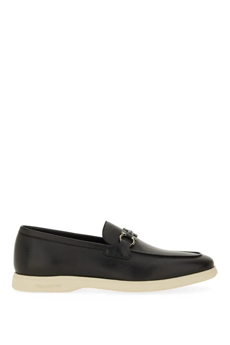 Ferragamo men’s moccasin gancini black leather loafers with silver horsebit buckle and cream rubber sole