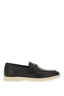Ferragamo men’s moccasin gancini black leather loafers with silver horsebit buckle and cream rubber sole