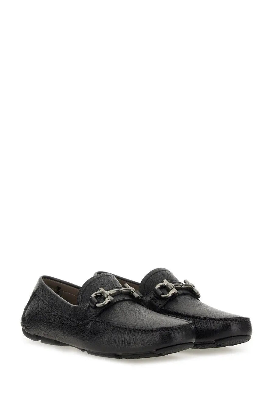 Ferragamo men’s moccasin gancini black black leather loafers with silver horsebit buckle front view