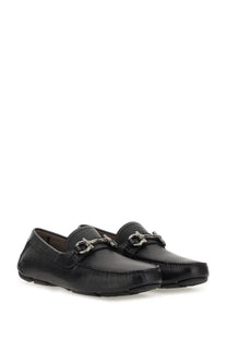 Ferragamo men’s moccasin gancini black black leather loafers with silver horsebit buckle front view