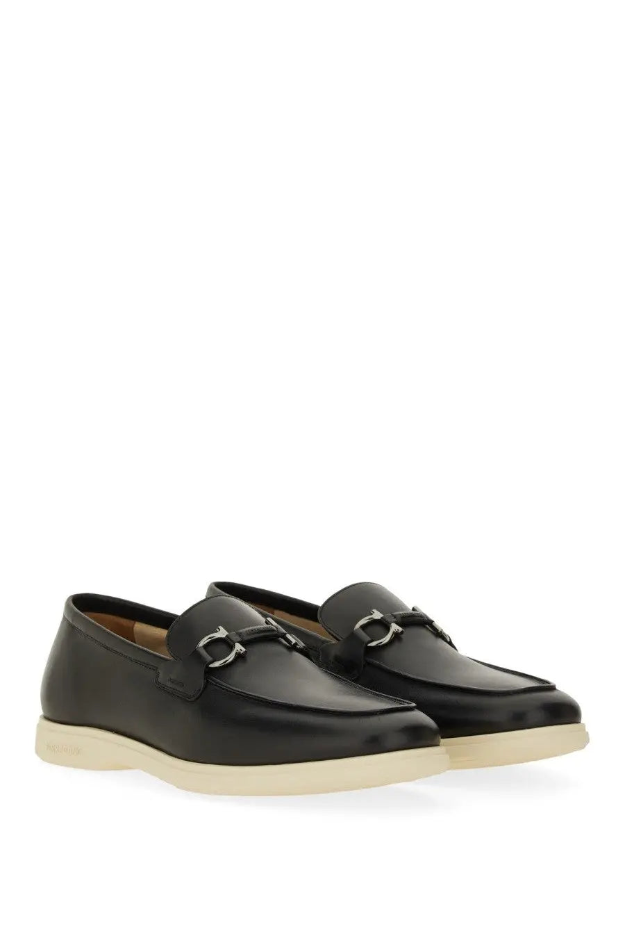 Ferragamo men’s moccasin gancini black leather loafers with silver horsebit buckle and cream rubber sole
