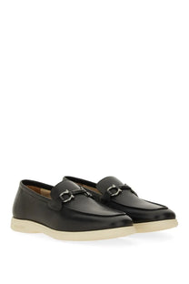 Ferragamo men’s moccasin gancini black leather loafers with silver horsebit buckle and cream rubber sole
