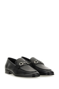 Black leather ferragamo men’s moccasin with silver gancini horsebit buckle for formal wear