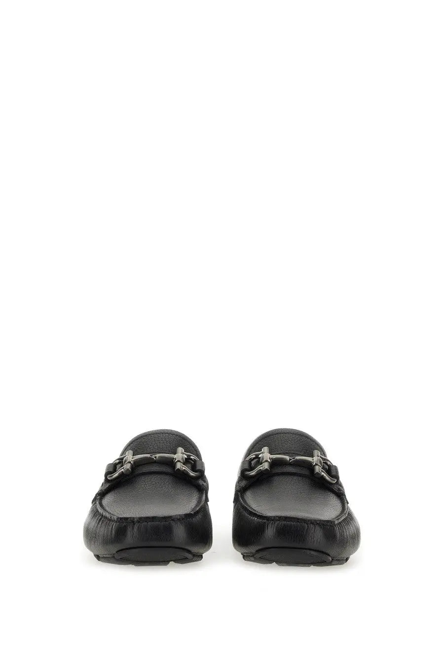 Black leather loafers with silver toned horsebit buckle ferragamo men’s moccasin gancini black front view