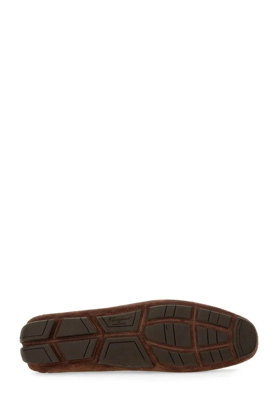Ferragamo men’s moccasin ornament gancini brown leather driving shoe with textured rubber sole and embossed logo