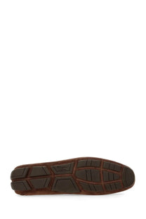 Ferragamo men’s moccasin ornament gancini brown leather driving shoe with textured rubber sole and embossed logo