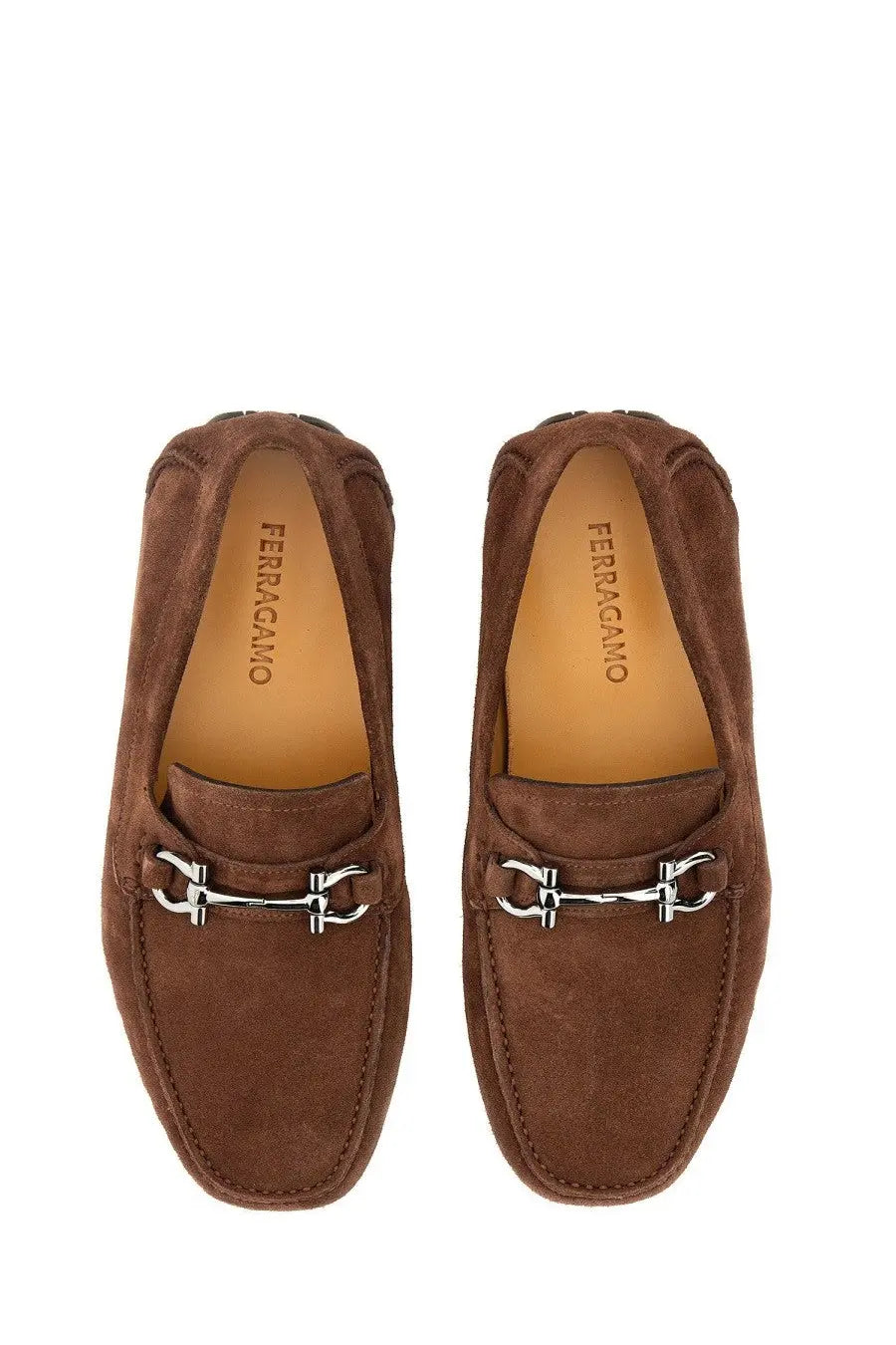 Ferragamo men’s moccasin ornament gancini brown suede loafers with silver horsebit buckle and ferragamo logo insole