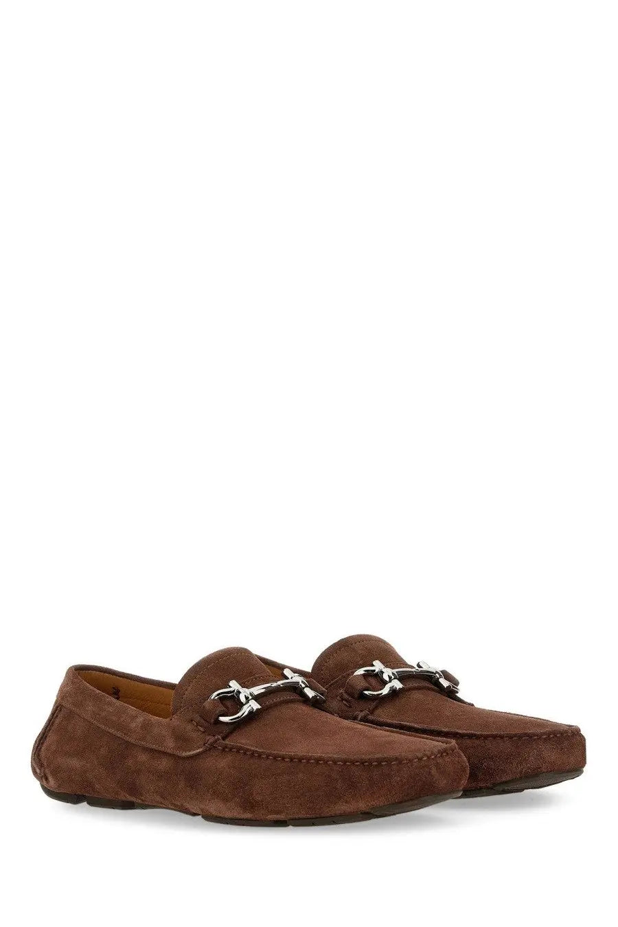 Ferragamo men’s moccasin ornament gancini brown suede loafers with silver horsebit detailing