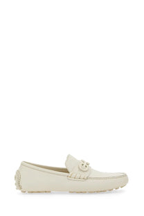 Cream-colored ferragamo men’s leather moccasin loafer with distinctive double-g buckle and frayed detailing