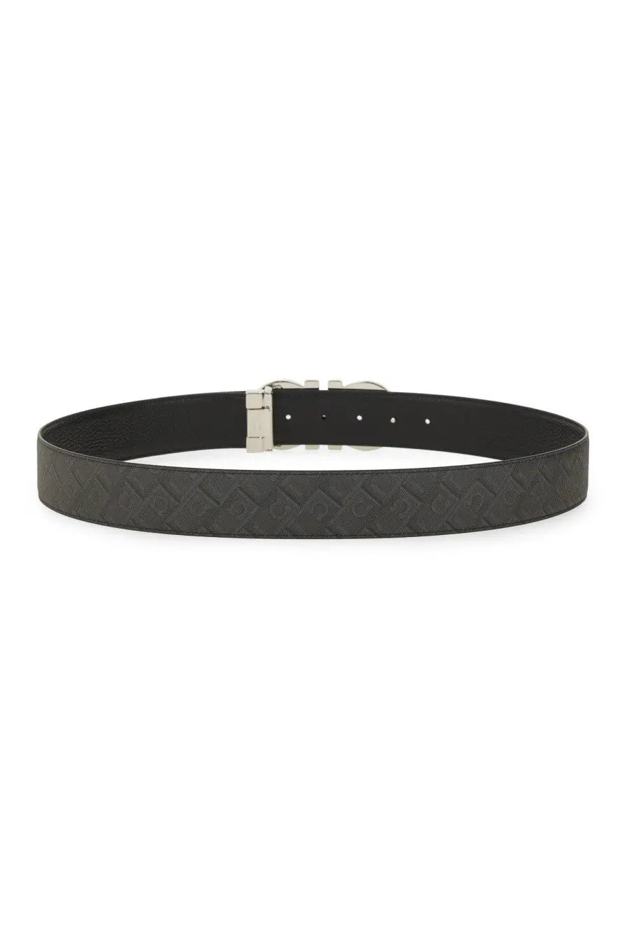 Ferragamo men’s reversible hooks belt black leather with distinctive woven pattern and silver toned buckle