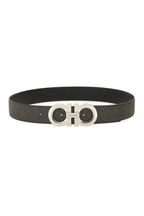 Ferragamo men’s reversible hooks belt black leather with embossed woven texture and silver-toned double g buckle