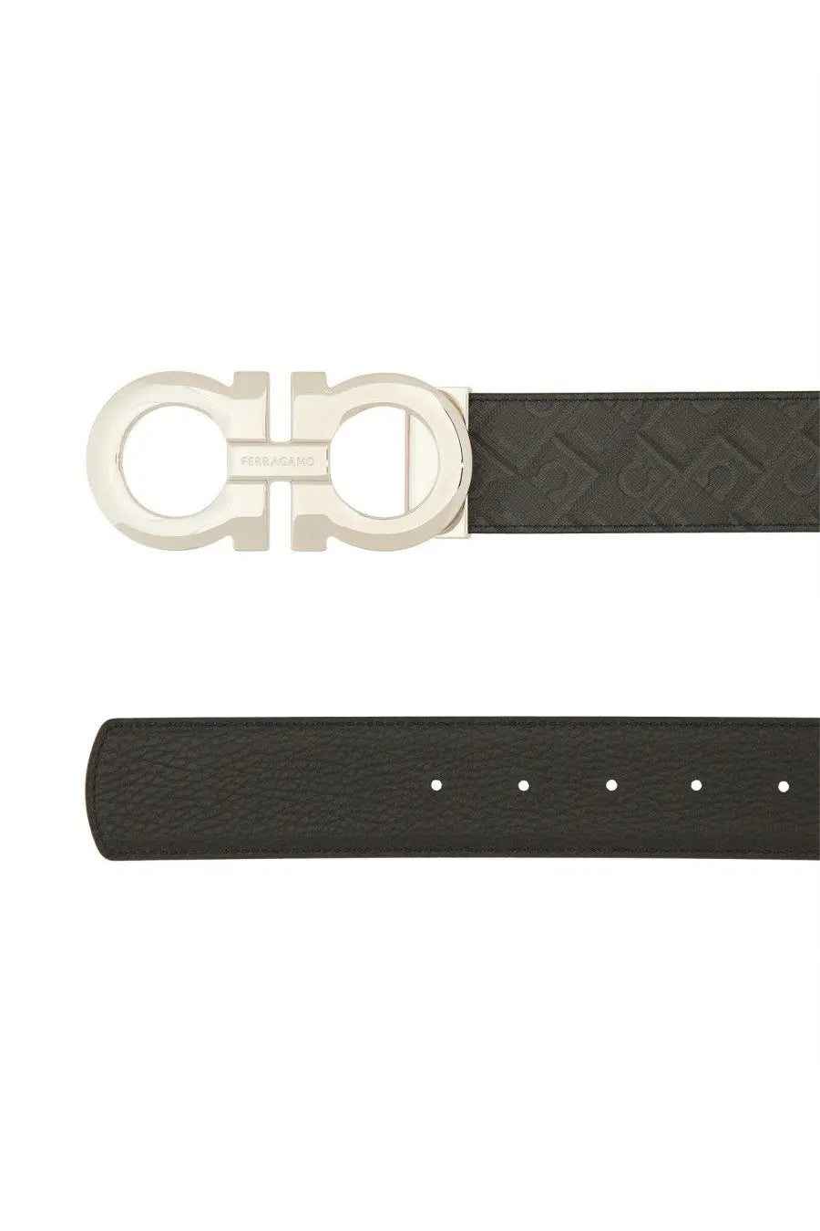 Ferragamo men’s reversible hooks belt black leather with silver-toned metal buckle featuring salvatore ferragamo logo