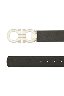 Ferragamo men’s reversible hooks belt black leather with silver-toned metal buckle featuring salvatore ferragamo logo
