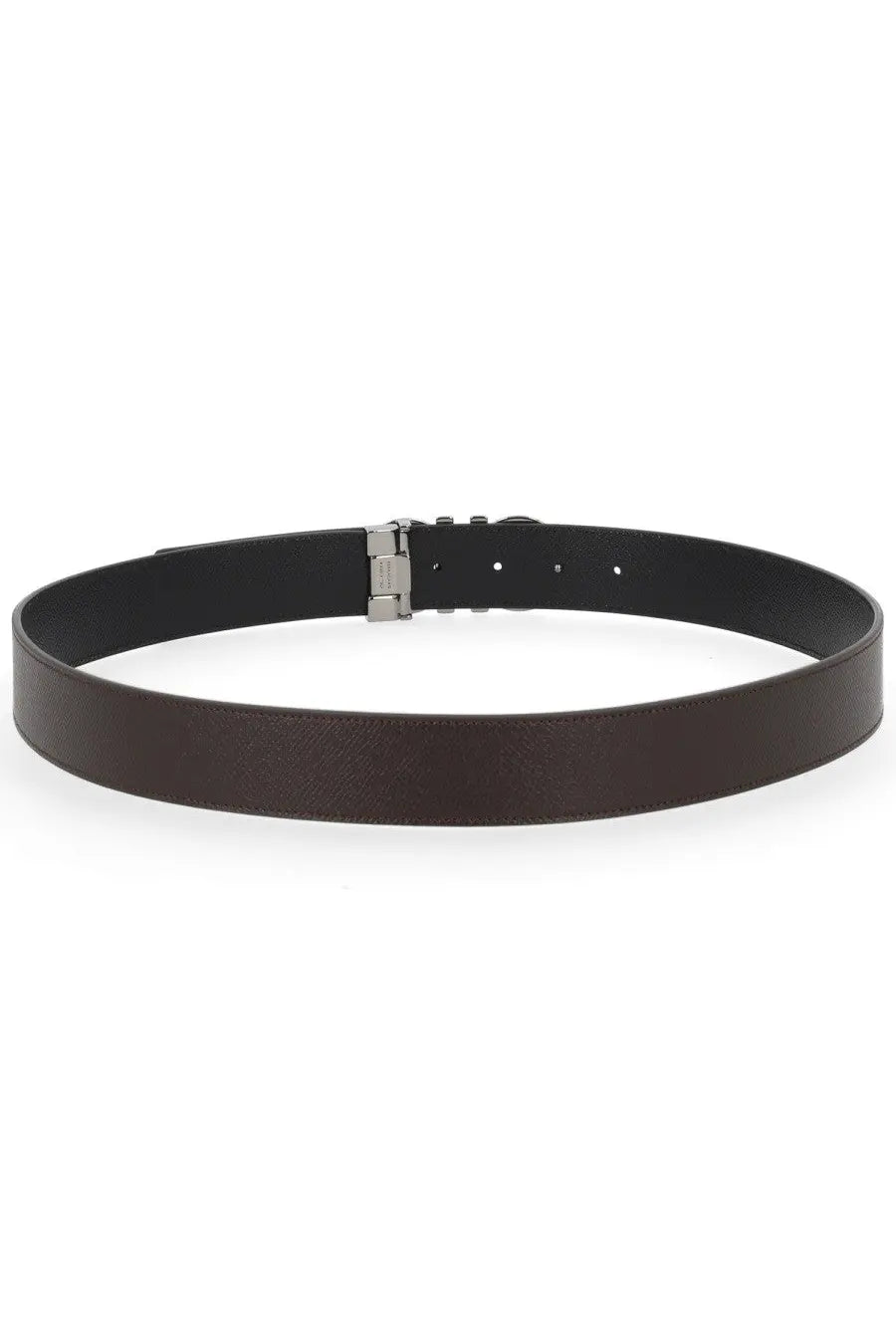 Ferragamo men’s reversible hooks belt brown featuring a black leather strap with a silver toned buckle
