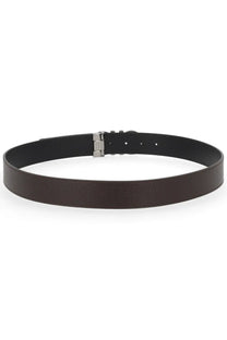 Ferragamo men’s reversible hooks belt brown featuring a black leather strap with a silver toned buckle