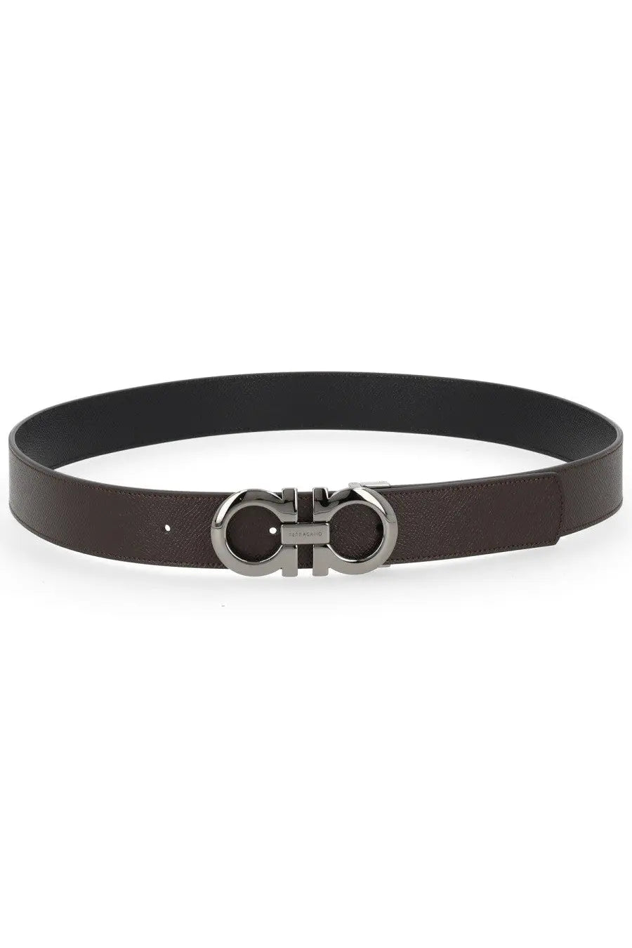 Ferragamo men’s reversible leather belt in dark brown with polished silver-toned double G logo buckle
