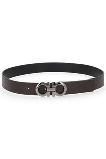 Ferragamo men’s reversible hooks belt brown dark brown leather with polished silver-toned double g logo buckle