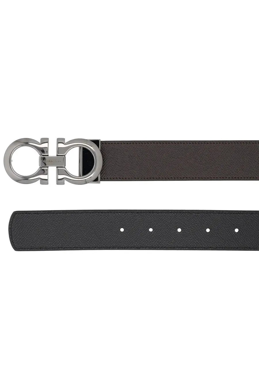 Ferragamo men’s reversible hooks belt in dark brown leather with silver-toned double g logo buckle