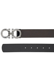 Ferragamo men’s reversible hooks belt in dark brown leather with silver-toned double g logo buckle