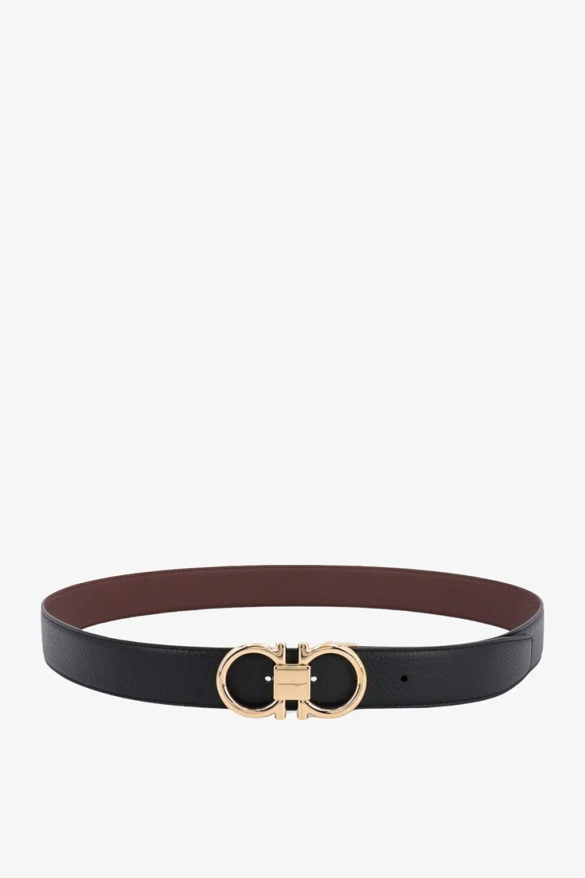 Ferragamo men’s reversible leather belt black with gold-tone double-f logo buckle and brown inner lining