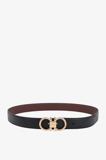 Ferragamo men’s reversible leather belt black with gold-tone double-f logo buckle and brown inner lining