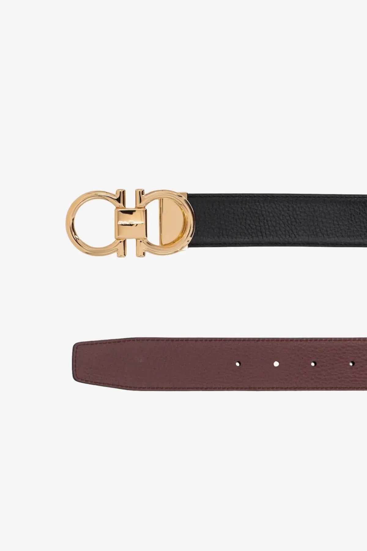 Ferragamo men’s reversible leather belt in black with gold-tone double-g buckle and brown leather end tab