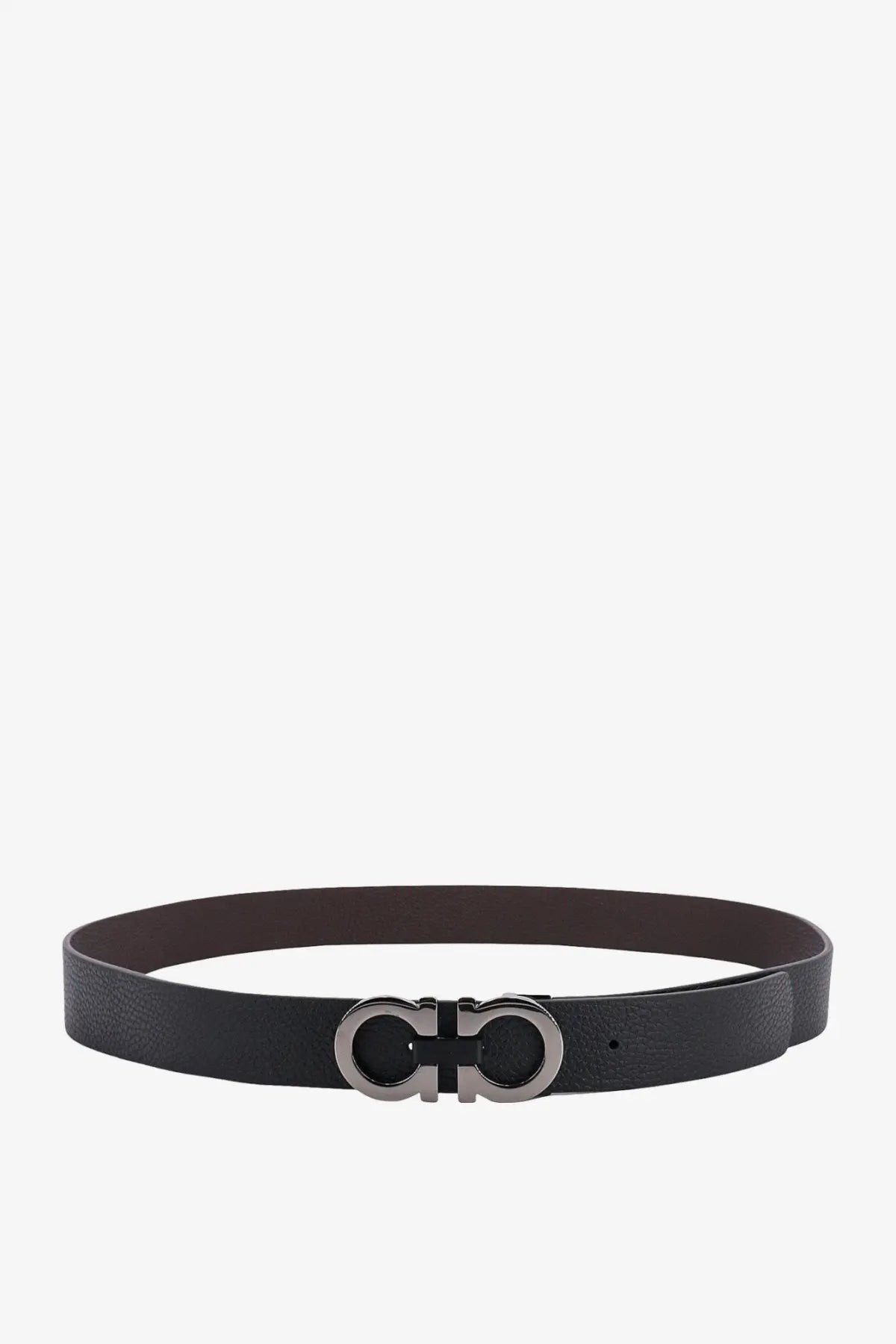 Ferragamo men’s reversible black leather belt with a sleek silver-toned double g buckle