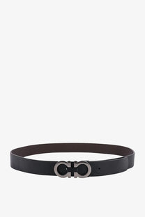 Ferragamo men’s reversible black leather belt with a sleek silver-toned double g buckle