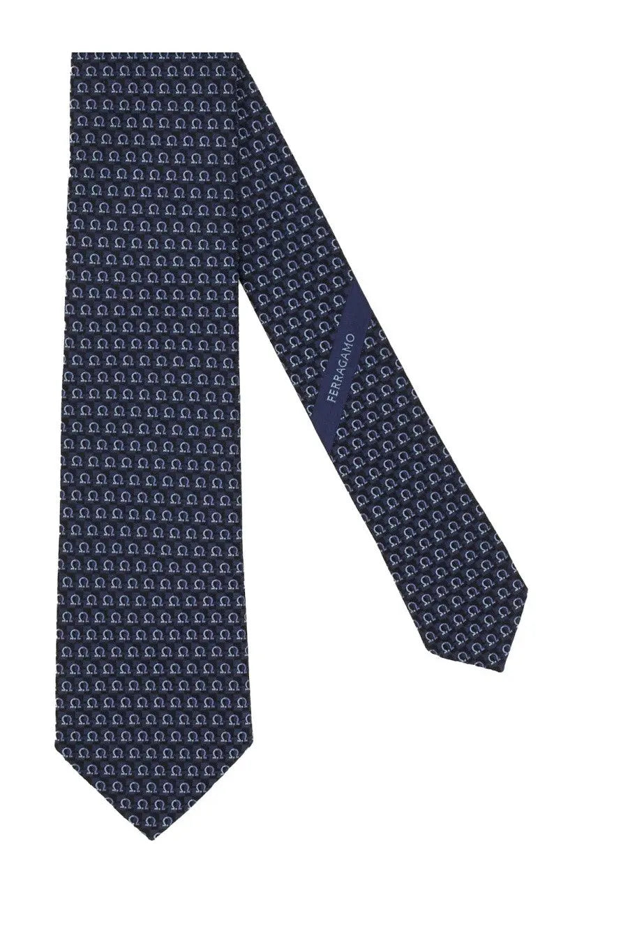 Ferragamo men’s silk tie in dark blue with a repeating light gray horseshoe pattern