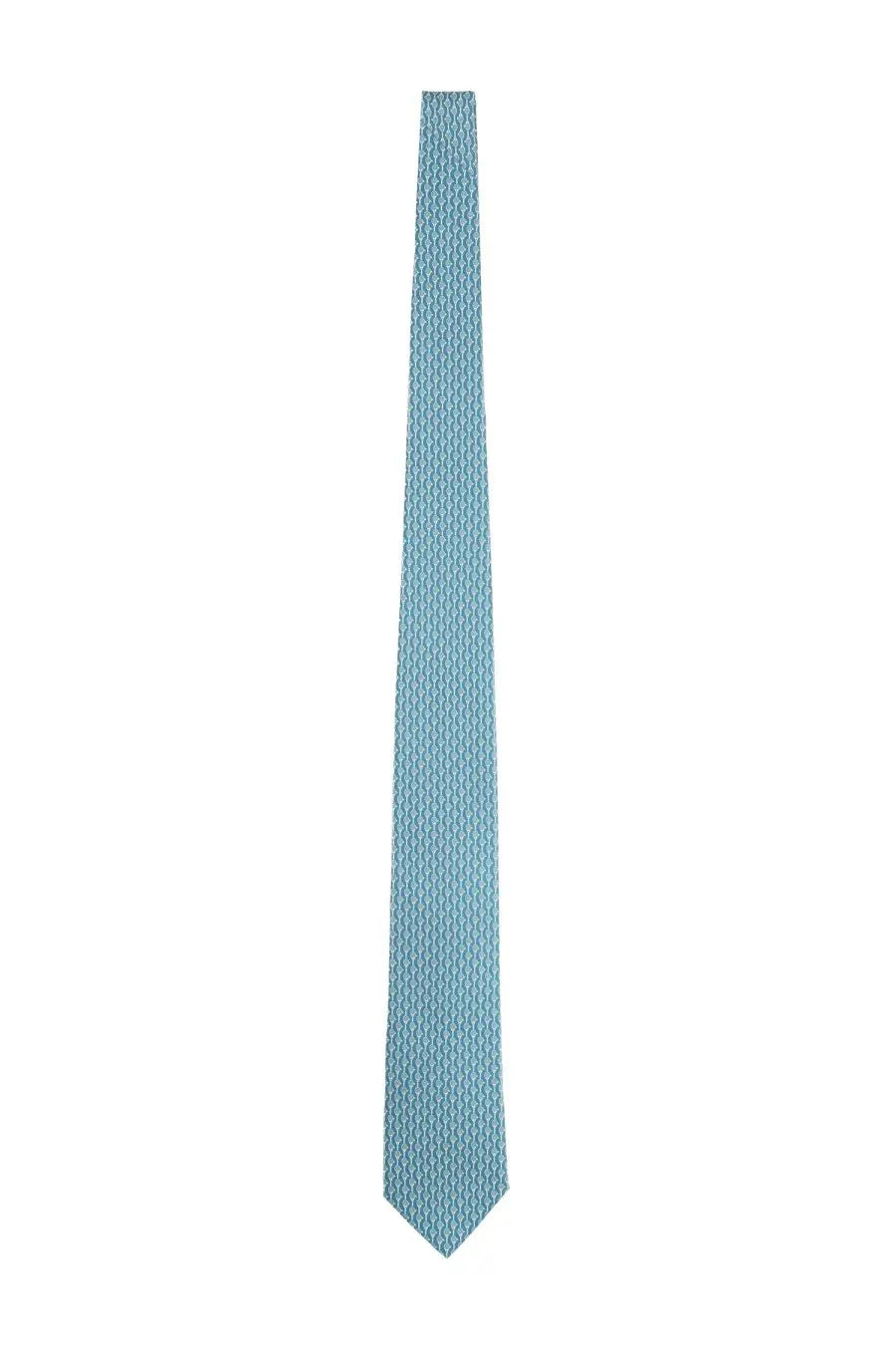 Ferragamo men’s silk tie in light blue with a subtle repeating geometric pattern ideal for formal wear