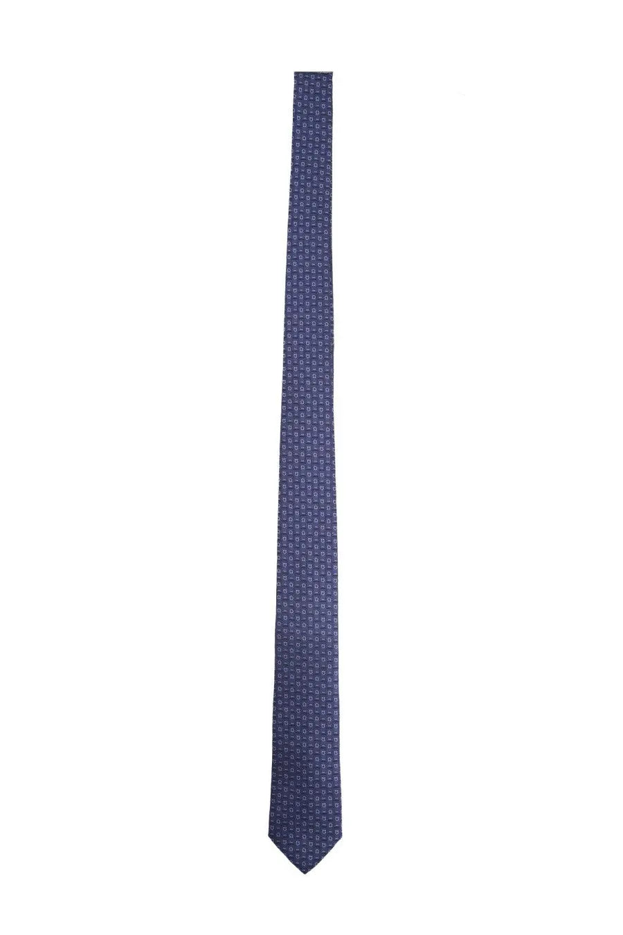 A navy blue Ferragamo men’s silk tie with a subtle repeating geometric pattern in lighter shades