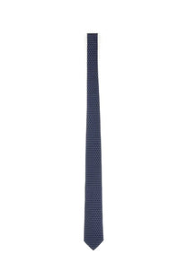 Ferragamo men’s silk tie navy blue with a subtle repeating geometric pattern for formal wear