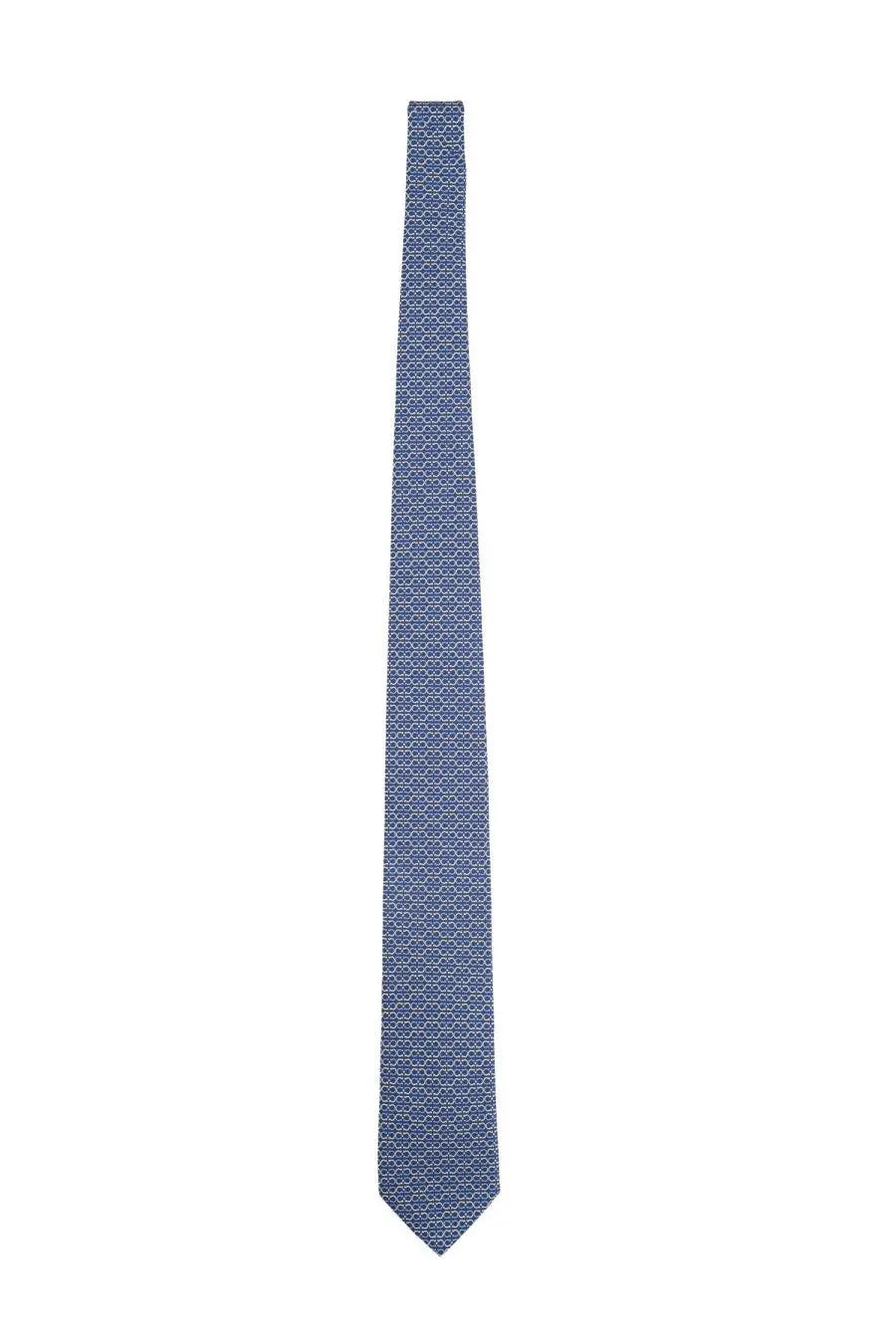Ferragamo men’s silk tie in navy blue with a subtle lighter geometric pattern made of silk