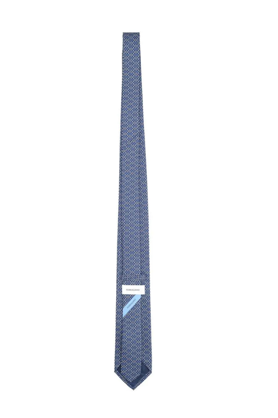 Ferragamo men’s silk tie in navy blue with a subtle geometric pattern and light blue accents